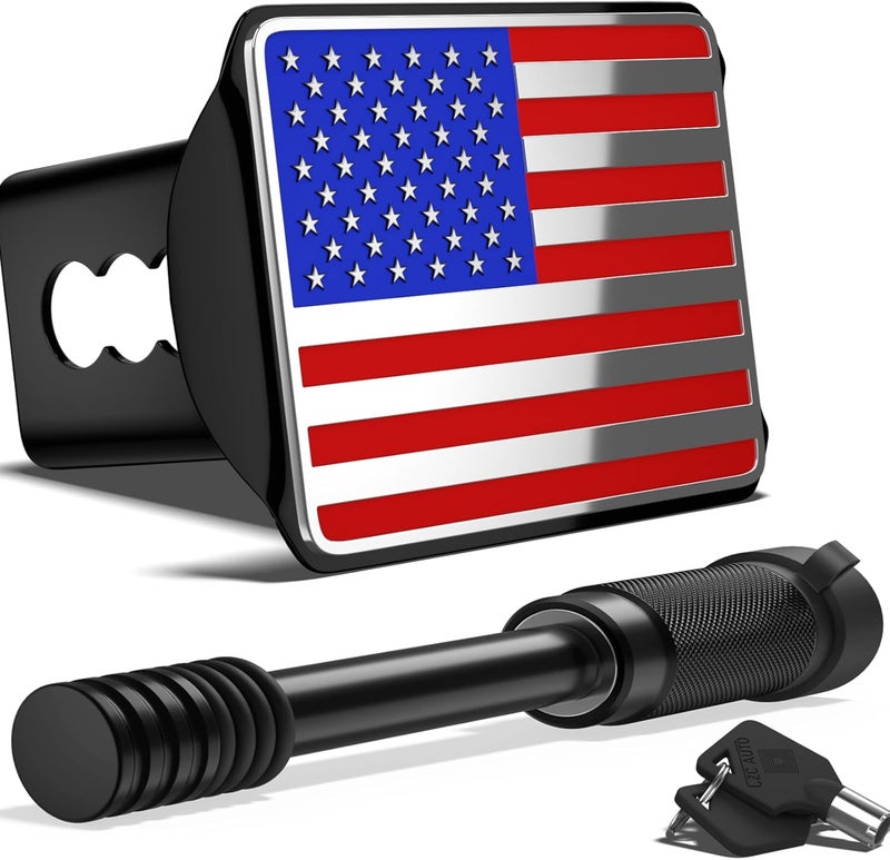OGYE Heavy American Flag Metal Trailer Hitch Cover for 2 Inch Receivers (with 5/8-inch Pin Diameter Trailer Hitch Lock,Chrome&Blue&Red) - Image 1